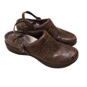 Dankso Clogs Women's 10.5 Floral Embossed Tooled Leather Nurse Brown Shoes